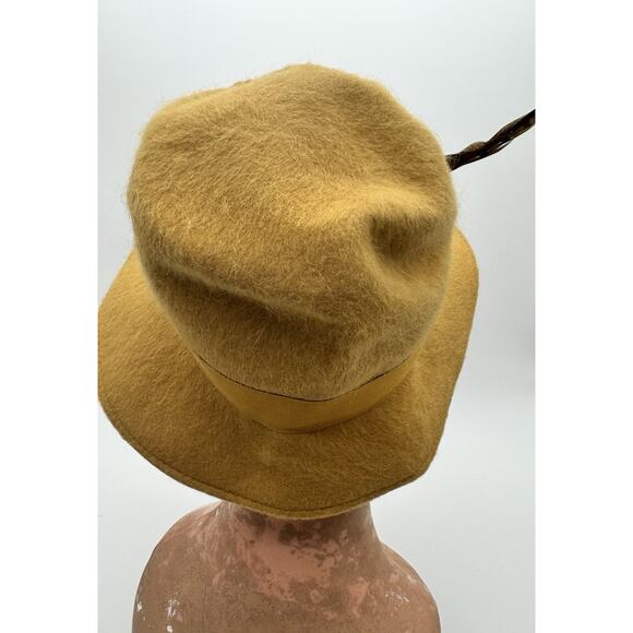 Melosoie Henry Pollak Yellow 100% Wool Hat with Ribbon Band Feather 10” Derby 7 - Picture 4 of 9